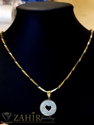  Кристален стоманен медальон 2 см със сърце на великолепна верижка 54 см, позлатена  стомана - K2080